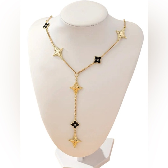 18k Gold and Black Flower Lucky Clover Y-Drop Necklace Waterproof, Tarnishproof - Picture 3 of 5